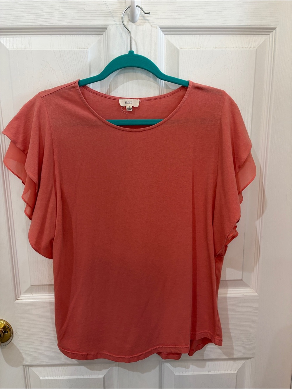 Boutique Coral Pink Flutter Sleeve Round Neck Top